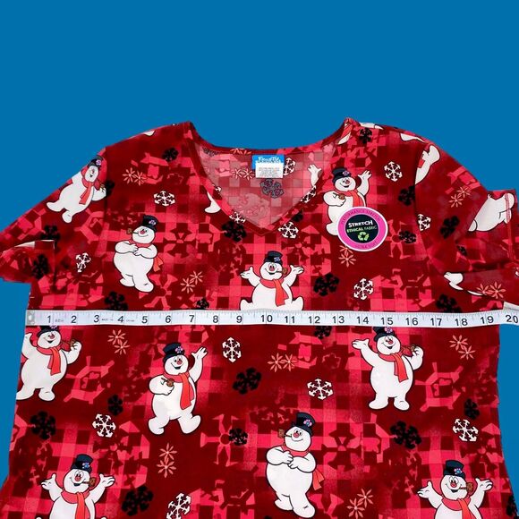 Frosty The Snowman Womens Scrub Top S Red Christmas Pediatrics Nurse Uniform NEW - Picture 5 of 9